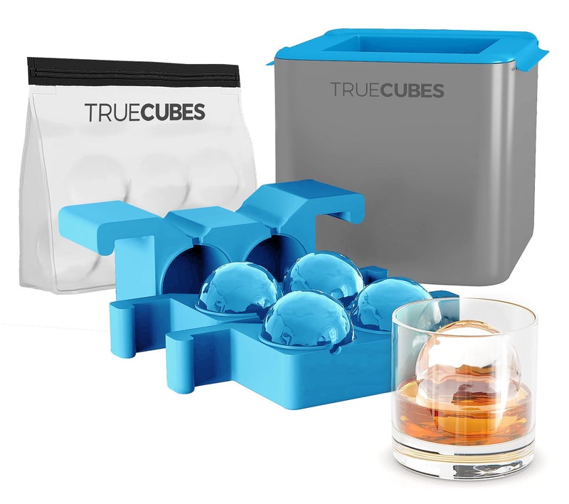 TRUE CUBES Crystal Clear Ice Sphere Ball Maker with Storage Bag  4 Large Clear Ice Sphere Balls for Cocktails Drinks  Whiskey  BPAFree Silicone Sphere Ice Sphere Balls Mold