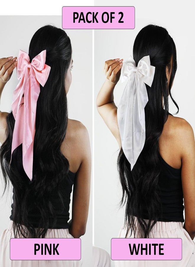kapimo 2 Pcs Bow Hair Clips for Women Girls Satin layered Barrette Ribbon Hairclips Stylish Cute Hair Accessories (White - Pink) - Image 3