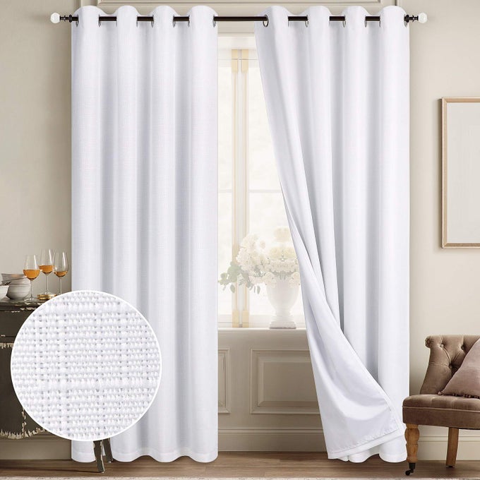 100 BLACKOUT WHITE CURTAINS LINEN CURTAINS FOR BEDROOM GROMMET THERMAL INSULATED ROOM DARKENING DRAPES 2 PANELS W52 X L84 INCH