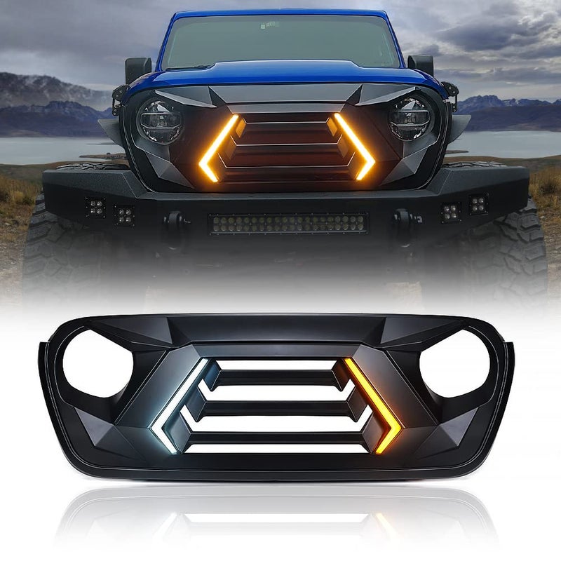 Xprite Front Grille with Turn Signals and Daytime Running Light Matte Black Grille Compatible with 20182025 Jeep Wrangler JL JLU 2020 Gladiator JT