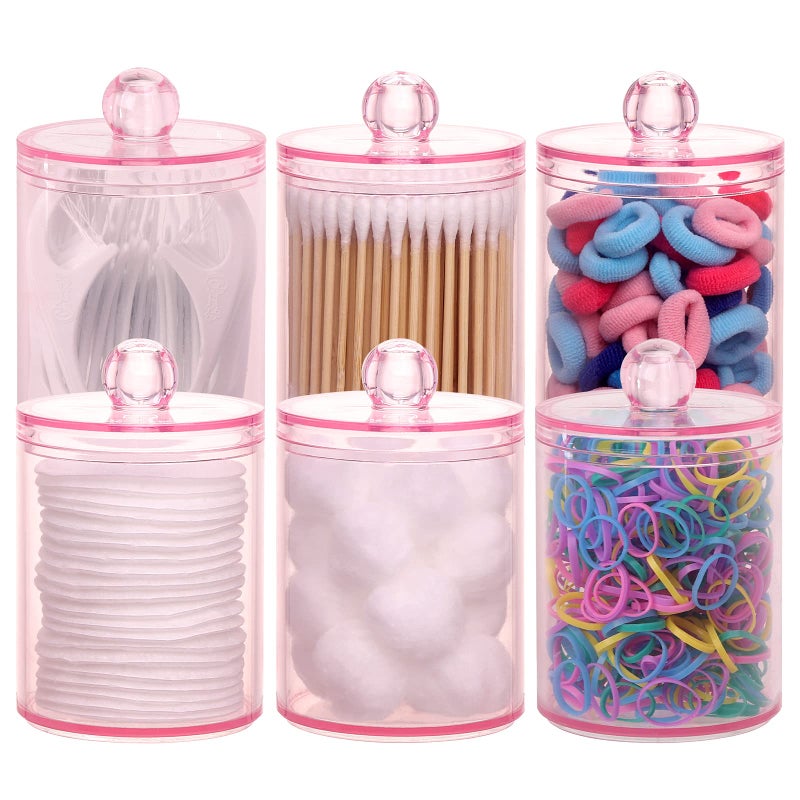Tbestmax 6 Pack Qtip Holder, 10-Ounce Apothecary Jars with Lids for Cotton Ball Swab Pad Dispenser, Bathroom Canisters Organizer (Pink) - Image 1