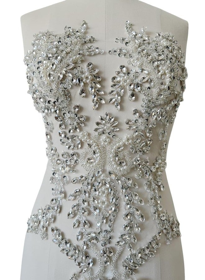 PLune Handmade Shiny Rhinestones Applique handsewing Beaded Sequins Crystal on lace Trim Patches for Prom Dress Clothing Decorative Accessories (Silver) - Image 1