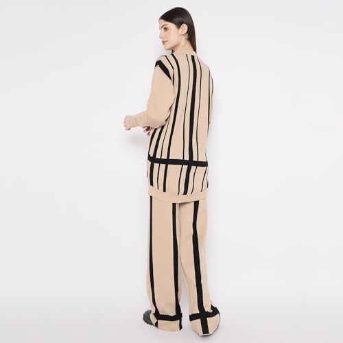 CAMEY Women'S Long Sleeve Round Neck Woolen Checkered Co-Ord Set (Beige Black, Free Size) - Image 5