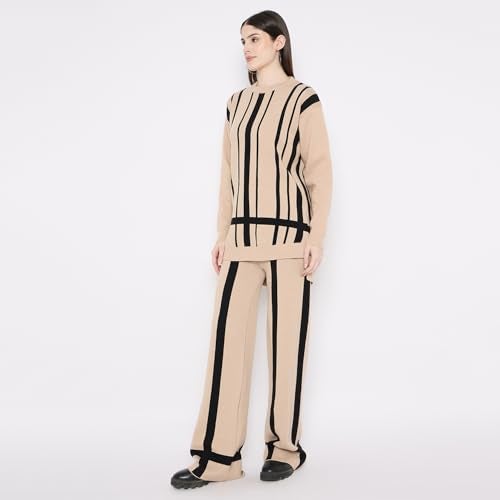 CAMEY Women'S Long Sleeve Round Neck Woolen Checkered Co-Ord Set (Beige Black, Free Size) - Image 3