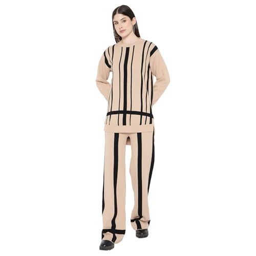 CAMEY Women'S Long Sleeve Round Neck Woolen Checkered Co-Ord Set (Beige Black, Free Size) - Image 1