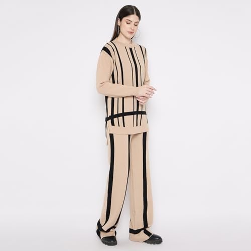 CAMEY Women'S Long Sleeve Round Neck Woolen Checkered Co-Ord Set (Beige Black, Free Size) - Image 4