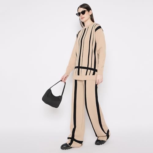 CAMEY Women'S Long Sleeve Round Neck Woolen Checkered Co-Ord Set (Beige Black, Free Size) - Image 2