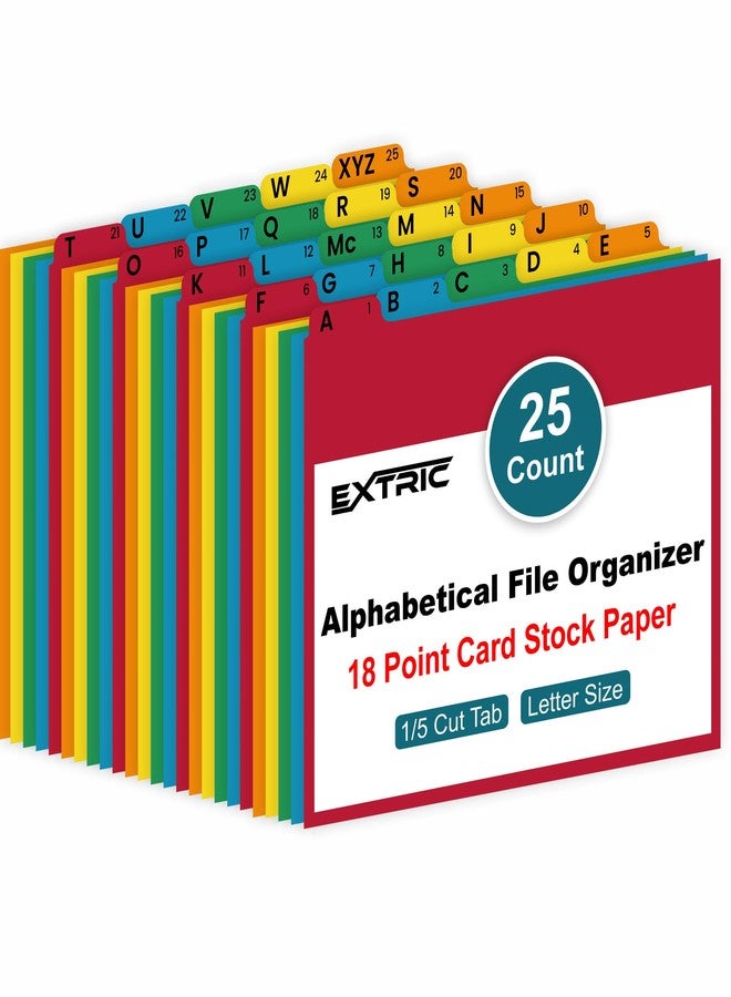 EXTRIC منظم ملفات أبجدي من إكستريك، 25 فاصلًا أبجديًا مع علامات تبويب لتنظيم خزانة الملفات والمكتب، فواصل ملفات بحجم الرسائل القياسي AZ، 5 ألوان متنوعة مع مواضع علامات تبويب مقطوعة 1/5 - Image 1