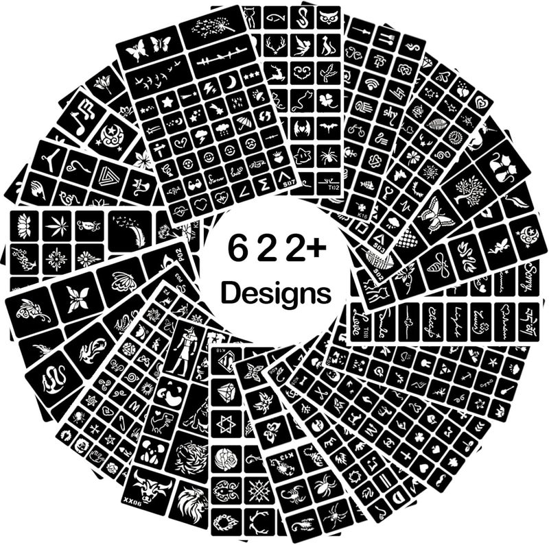 ChurlChurl 20 Sheets Temporary Tattoo Stencils 622pcs Tattoo Stencil Kit for Girls Kids and Boys Face Body Paint DIY Art Reusable Glitter Tattoo Stencils Pack