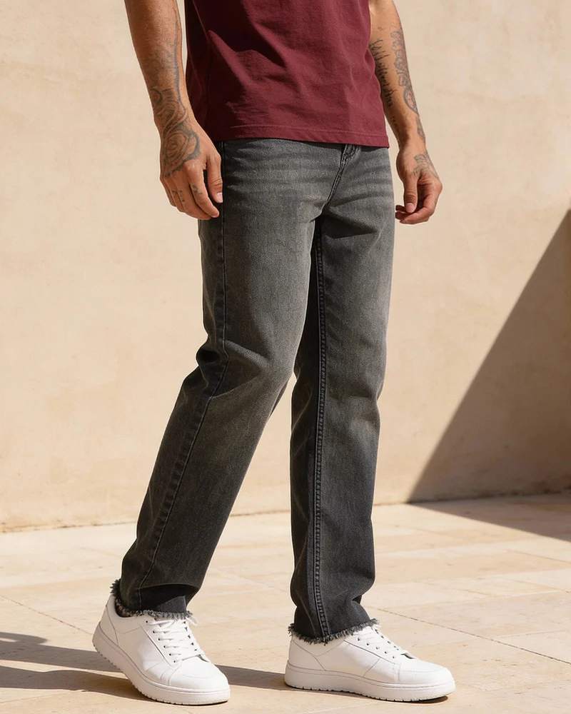 بيواكوف جينز رجالي أسود مغسول بقصة مستقيمة وخصر متوسط