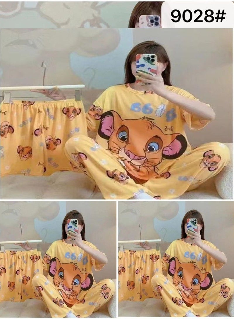 Short Sleeve Night Suit Set Cute Cartoon Print Loose Sleepwear Dress Pajama Set for Women 3 PCs 