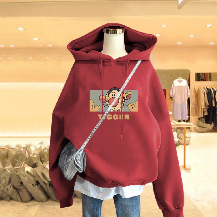 Fleece-Lined Hoodie Winter Coat Womens Autumn Red fleece-lined  - Image 1