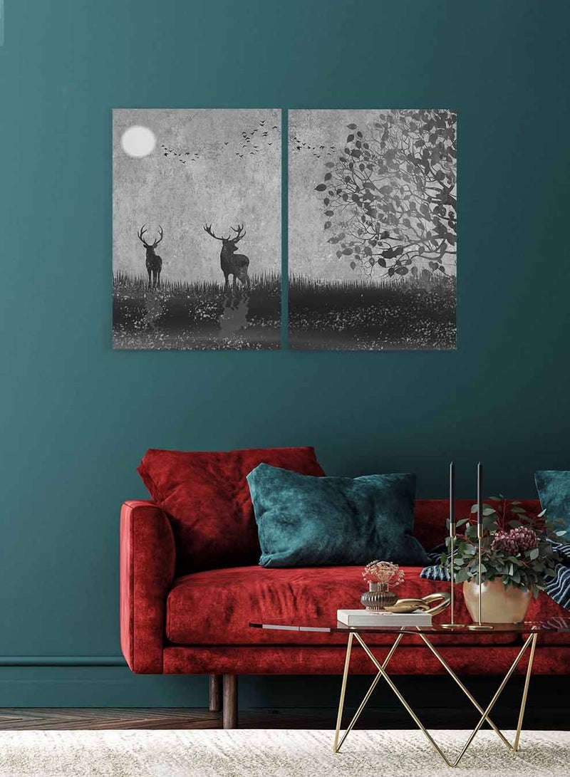 LOWHA Set of 2 Framed Canvas Wall Arts Stretched Over Wooden Frame, Deer Birds Moon Tree Paintings, For Home, Living Room, Office Décor - Image 1