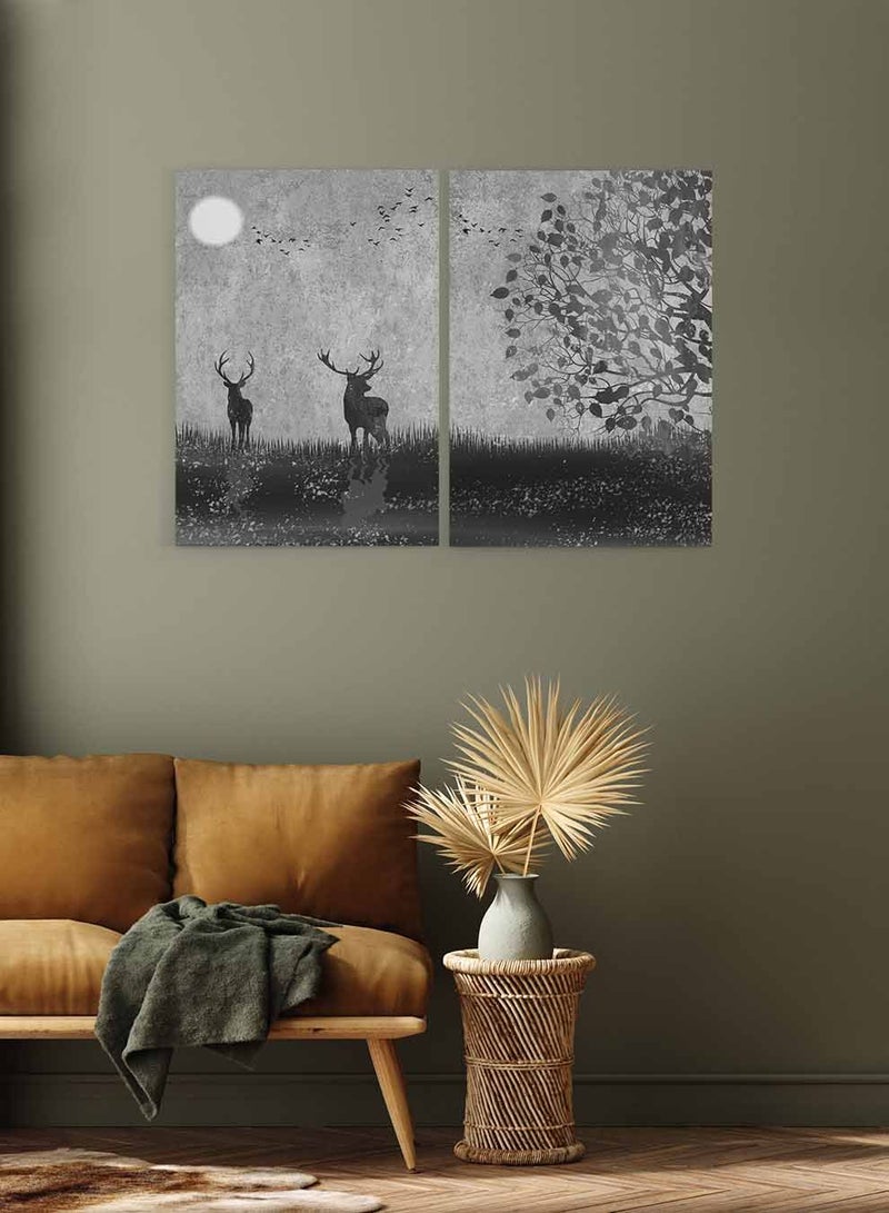 LOWHA Set of 2 Framed Canvas Wall Arts Stretched Over Wooden Frame, Deer Birds Moon Tree Paintings, For Home, Living Room, Office Décor - Image 3