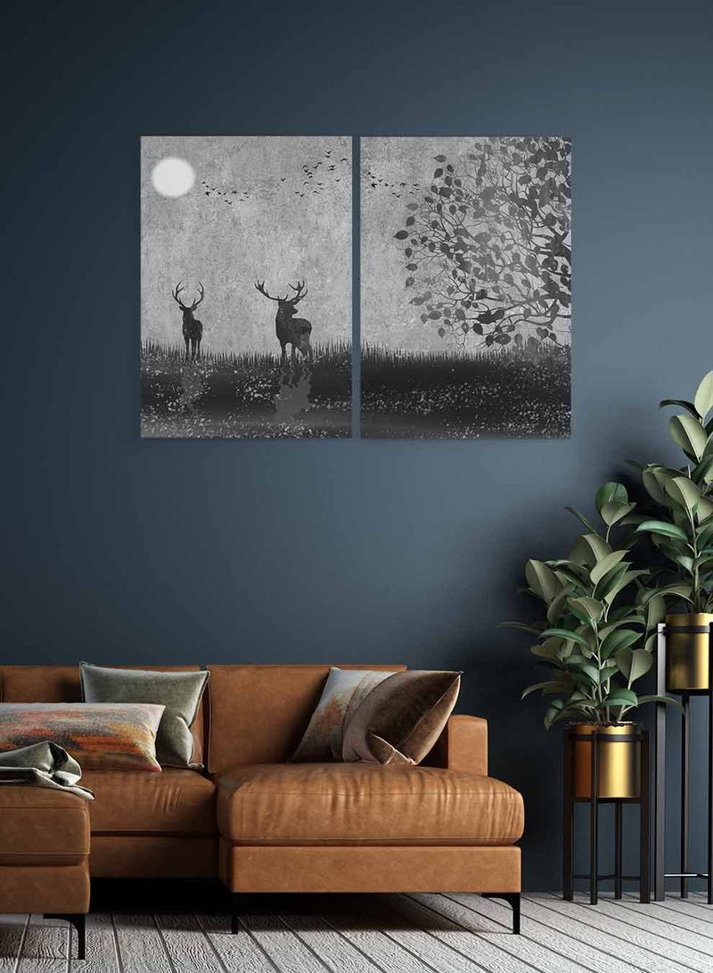 LOWHA Set of 2 Framed Canvas Wall Arts Stretched Over Wooden Frame, Deer Birds Moon Tree Paintings, For Home, Living Room, Office Décor - Image 2