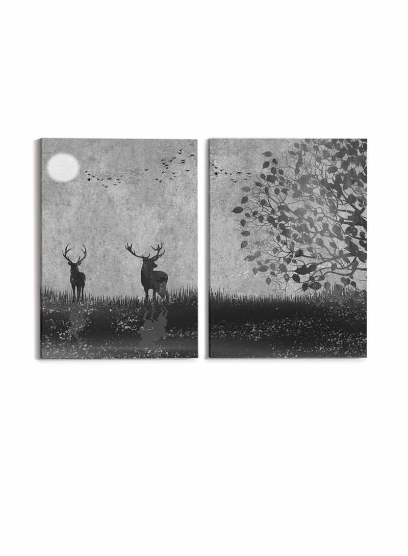 LOWHA Set of 2 Framed Canvas Wall Arts Stretched Over Wooden Frame, Deer Birds Moon Tree Paintings, For Home, Living Room, Office Décor - Image 4