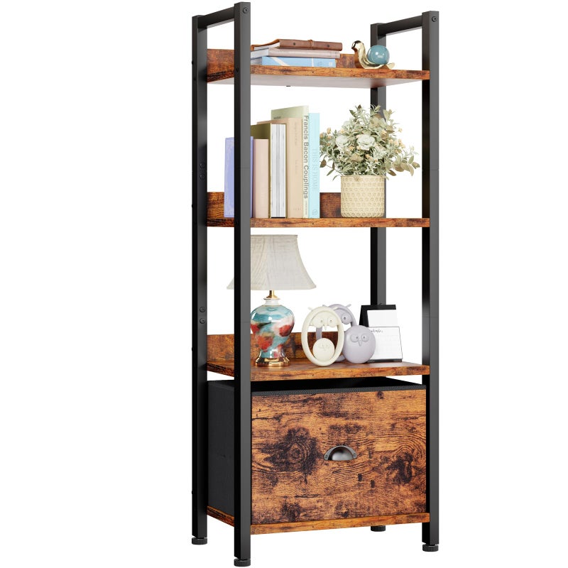 Furologee 4 Tier Bookshelf with Drawer, Tall Bookcase with Shelves, Narrow Bookshelves Storage Organizer, Wood and Metal Display Standing Shelf Unit for Bedroom, Living Room, Rustic Brown - Image 1