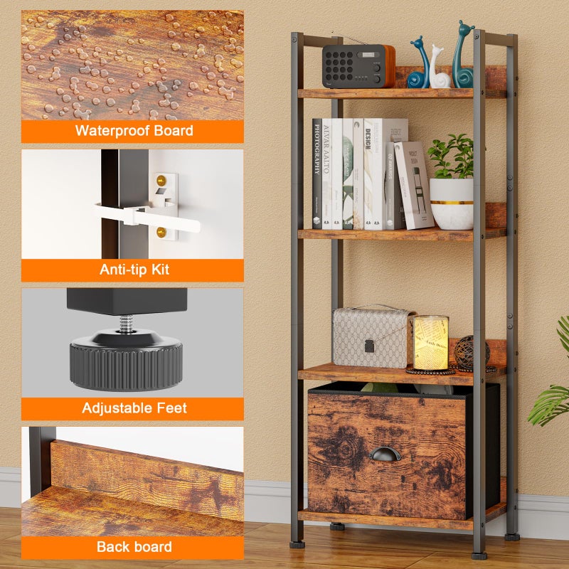 Furologee 4 Tier Bookshelf with Drawer, Tall Bookcase with Shelves, Narrow Bookshelves Storage Organizer, Wood and Metal Display Standing Shelf Unit for Bedroom, Living Room, Rustic Brown - Image 3
