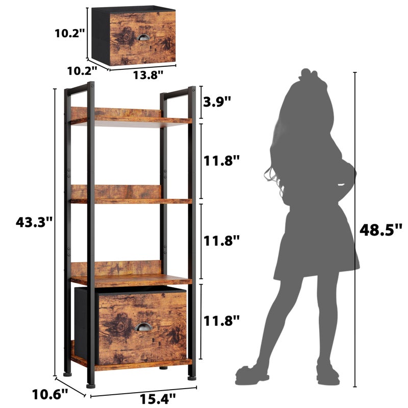 Furologee 4 Tier Bookshelf with Drawer, Tall Bookcase with Shelves, Narrow Bookshelves Storage Organizer, Wood and Metal Display Standing Shelf Unit for Bedroom, Living Room, Rustic Brown - Image 2