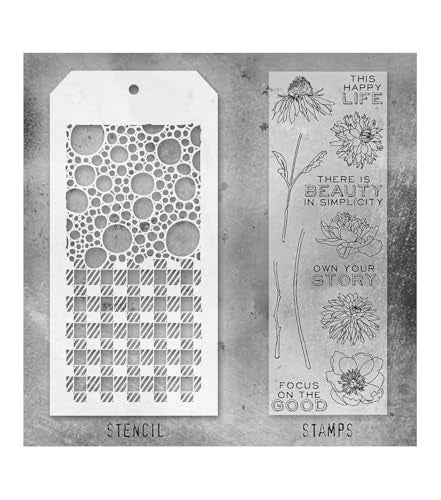 Tim Holtz Collection Stamper's Anonymous Tim Holtz Bubbles Plaid Gingham Flowers Beauty Mixed Media Stamp and Stencil Set THMM124 - Image 2