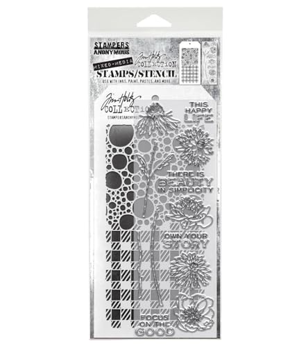 Tim Holtz Collection Stamper's Anonymous Tim Holtz Bubbles Plaid Gingham Flowers Beauty Mixed Media Stamp and Stencil Set THMM124 - Image 4