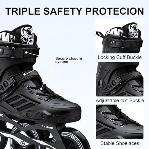 SLJJLHX 3 Wheels Inline Skates for Men Women, Professional Roller Skates Blades for Male Female,High Performance Adult Speed Skates with 110MM Wheels (Black, MEN6/WOMEN7) - Image 2