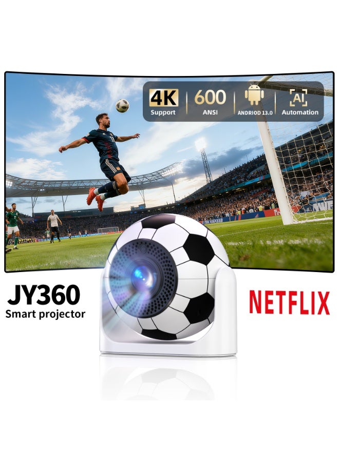 FINTEX YJ360 Smart Football Projector 15000Lumen 600ANSI Android 13.0 projector Support 4K Native 1080P Full HD Portable Projector,Auto Focus/Keystone Movie Projectors, WiFi6 Two-Way BT5.3 for for Home Theater/Ceiling/Bedroom/Outdoor