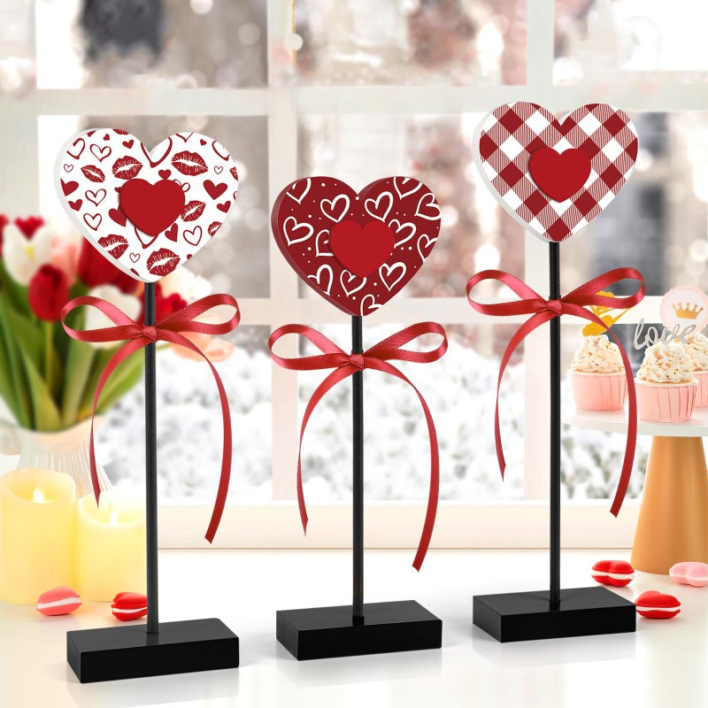 Hedeey 3 Pieces Valentine's Day Table Decorations Wooden Heart Set,Rustic Valentine's Day Tiered Tray Decor for Home Tables (Classic) - Image 1