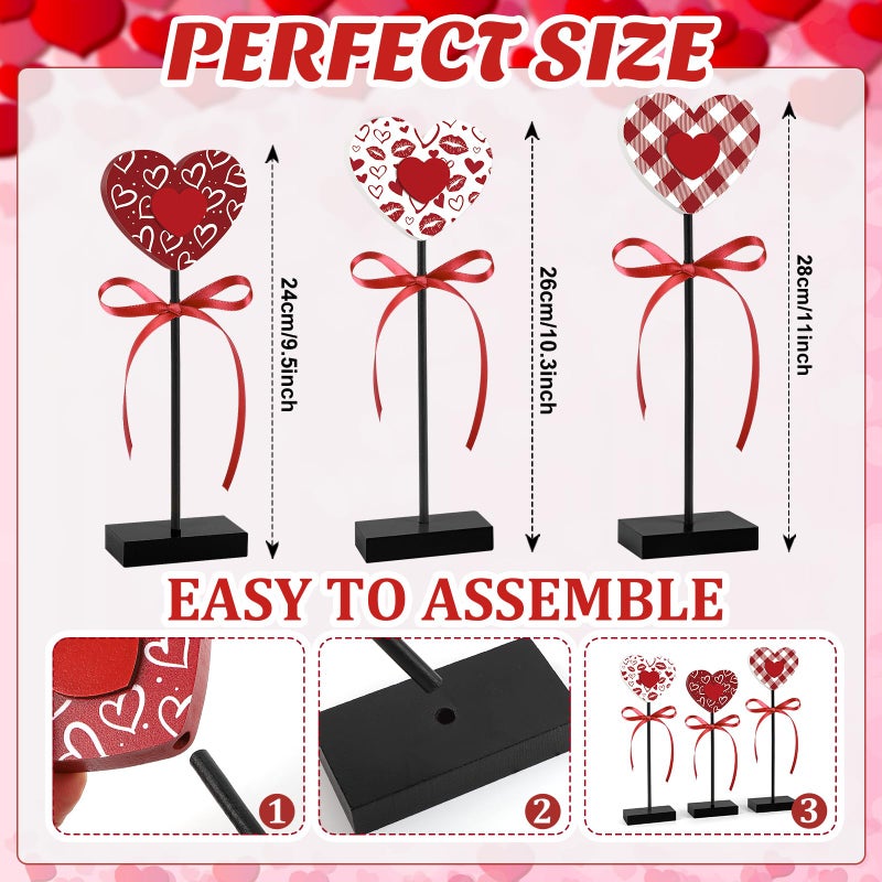 Hedeey 3 Pieces Valentine's Day Table Decorations Wooden Heart Set,Rustic Valentine's Day Tiered Tray Decor for Home Tables (Classic) - Image 3
