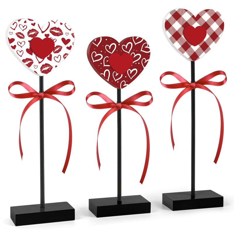 Hedeey 3 Pieces Valentine's Day Table Decorations Wooden Heart Set,Rustic Valentine's Day Tiered Tray Decor for Home Tables (Classic) - Image 2