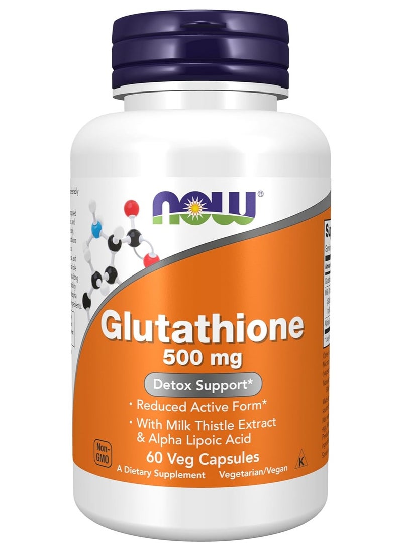 now - NOW Supplements, Glutathione 500 mg, With Milk Thistle Extract & Alpha Lipoic Acid, Free Radical Neutralizer, 60 Veg Capsules - Image 1