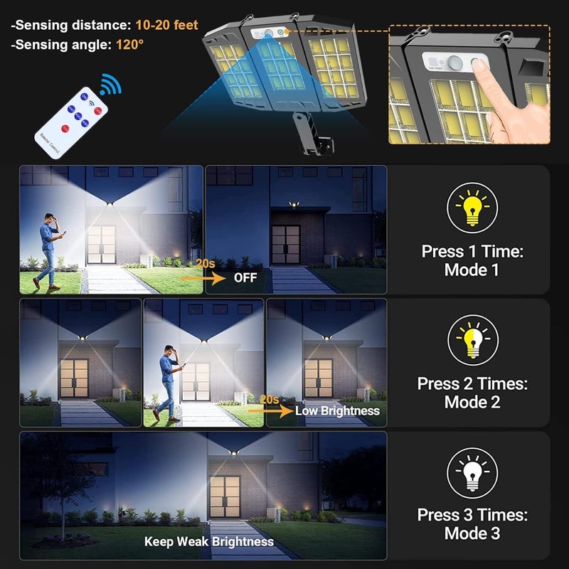 REMICH Solar Motion Sensor Light Solar Outdoor Light High Photovoltaic Efficiency IP65 Flexible COB Ultra Wide Lighting with Remote Control for Pathway Fence Garages Balcony 1Pcs Black - Image 4