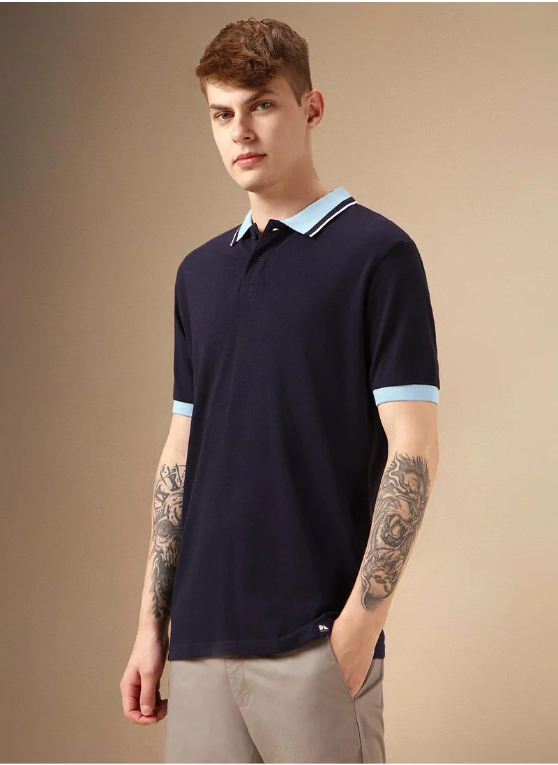 دينيس لينغو Men's Navy Polyester Blend Solid Regular Fit T-Shirt