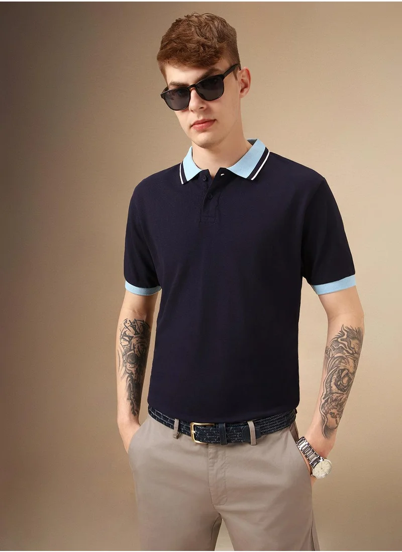 دينيس لينغو Men's Navy Polyester Blend Solid Regular Fit T-Shirt