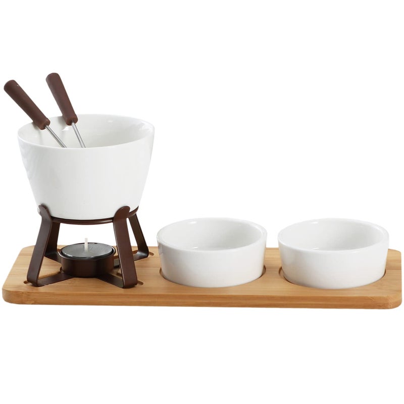 Sizikato White Porcelain Chocolate Fondue Set with 2 Fruit Fork and 2 Small Bowl and Wood Tray 10 Oz