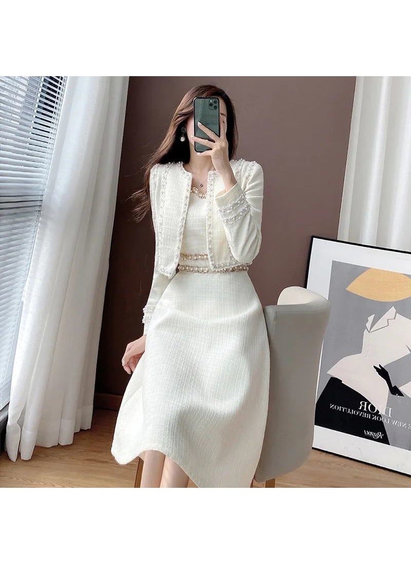 Generic New Tweed Style Long Sleeve Jacket Scarf Womens Fashionable Age-reducing 2-piece Set Sensible Design Sleeveless Dress Jacket Skirt Two-Piece Set 