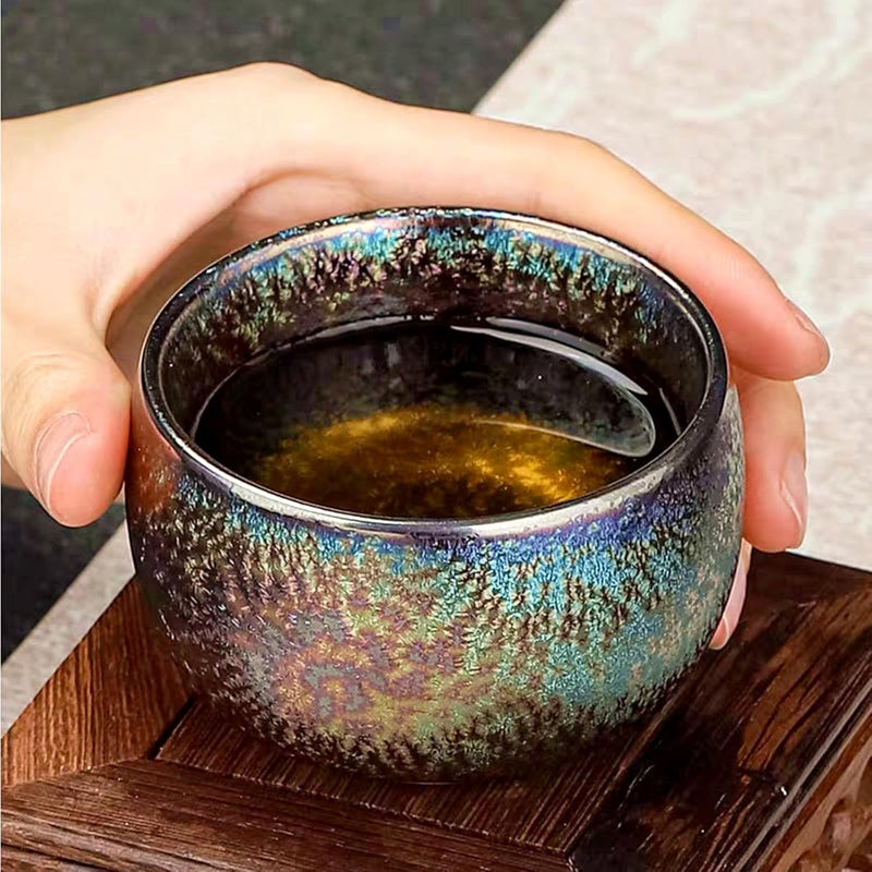 CmengAo Chinese Jianzhan Tea Cup Colorful Ceramic Glaze Tenmoku Tea Cup Kungfu Tea Bowl for Tea Matcha Coffee Handcrafts Art Porcelain Teacup Peacock - Image 3