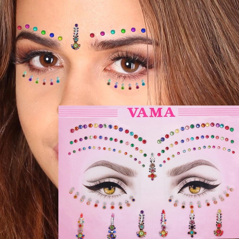 VAMA Fashions Bindi Sticker Long Crystal Bindis Bridal Forehead Tika Wedding Face Jewels Eye Decoration Makeup for Women Multi Bindi