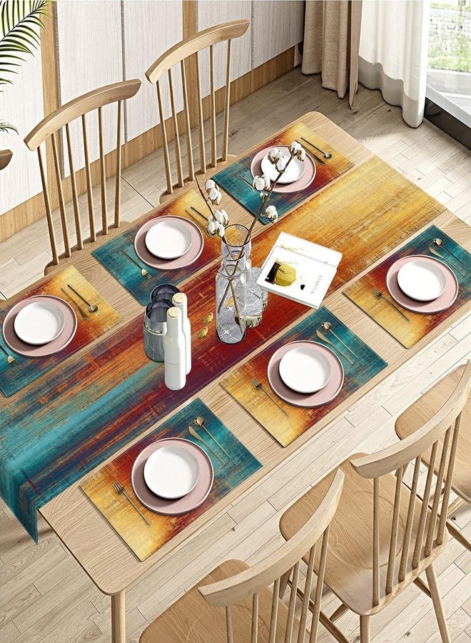 Emvency Blue Orange Table Runner and Placemats Set of 6, Vintage Abstract Messy Rust Painting Art Dining Decor for Daily Use(1 Table Runner 72 inches Long and 6 Placemats) - Image 1