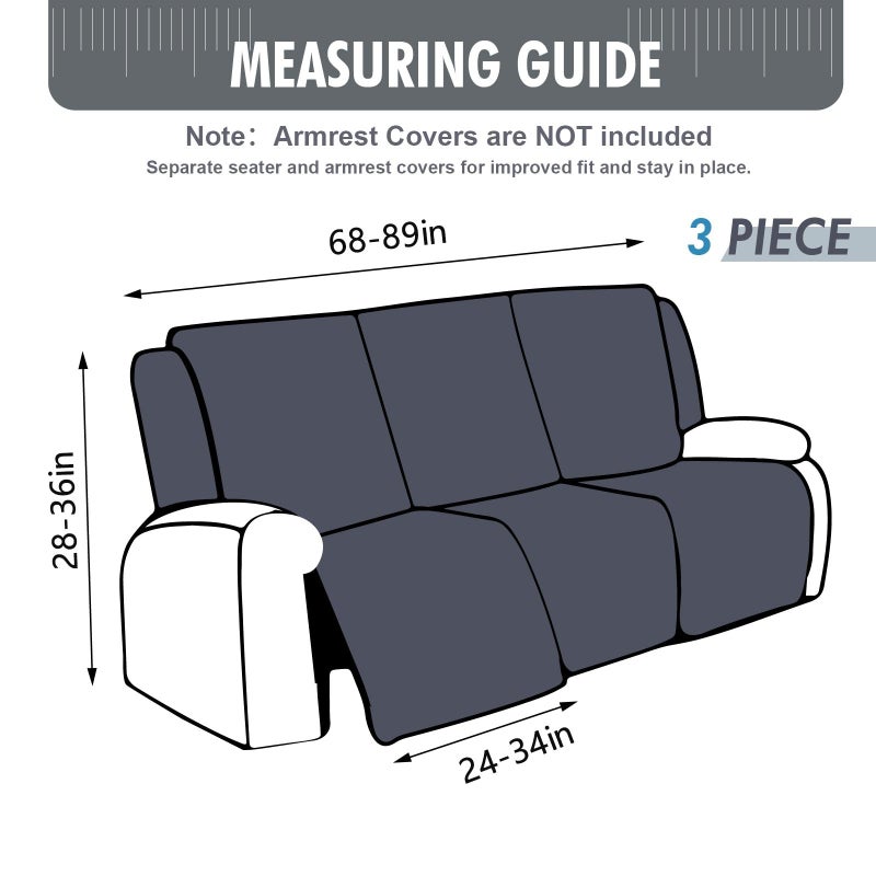YUEANG 100% Waterproof Recliner Sofa Slipcovers, 3 Pieces Stretch Reclining Couch Covers for 3 Cushion Couch Sofa Pet Friendly Washable Furniture Covers for Dogs, Pets, Kids (Dark Gray, 3 Seater) - Image 4