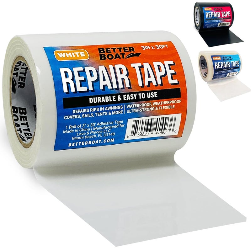 Better Boat Repair Tape for Fabric Boat Covers, Canvas Tents, Pop-Up Campers, RV Awnings, Tarps, Canopies, Bimini Tops, Sails, Air Mattress Patch Kit, 30ft x 3" White Heavy-Duty Waterproof Vinyl - Image 1