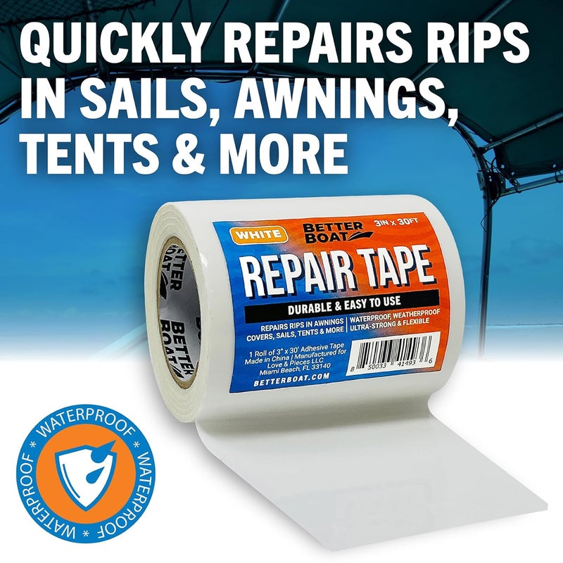 Better Boat Repair Tape for Fabric Boat Covers, Canvas Tents, Pop-Up Campers, RV Awnings, Tarps, Canopies, Bimini Tops, Sails, Air Mattress Patch Kit, 30ft x 3" White Heavy-Duty Waterproof Vinyl - Image 2