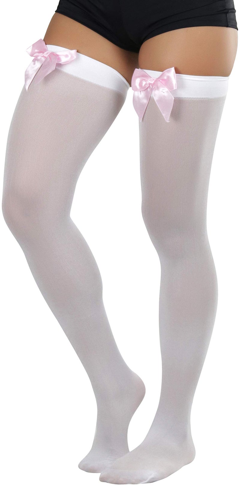 ToBeInStyle Women's Opaque Thigh Hi Stocking With Bow - White With Baby Pink Bow - Image 3