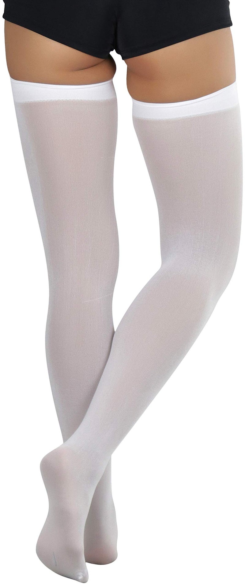 ToBeInStyle Women's Opaque Thigh Hi Stocking With Bow - White With Baby Pink Bow - Image 2