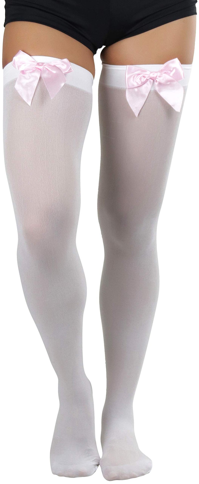 ToBeInStyle Women's Opaque Thigh Hi Stocking With Bow - White With Baby Pink Bow - Image 4