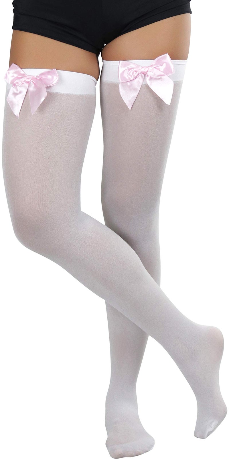 ToBeInStyle Women's Opaque Thigh Hi Stocking With Bow - White With Baby Pink Bow - Image 5