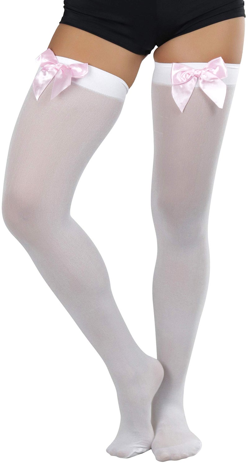 ToBeInStyle Women's Opaque Thigh Hi Stocking With Bow - White With Baby Pink Bow - Image 1