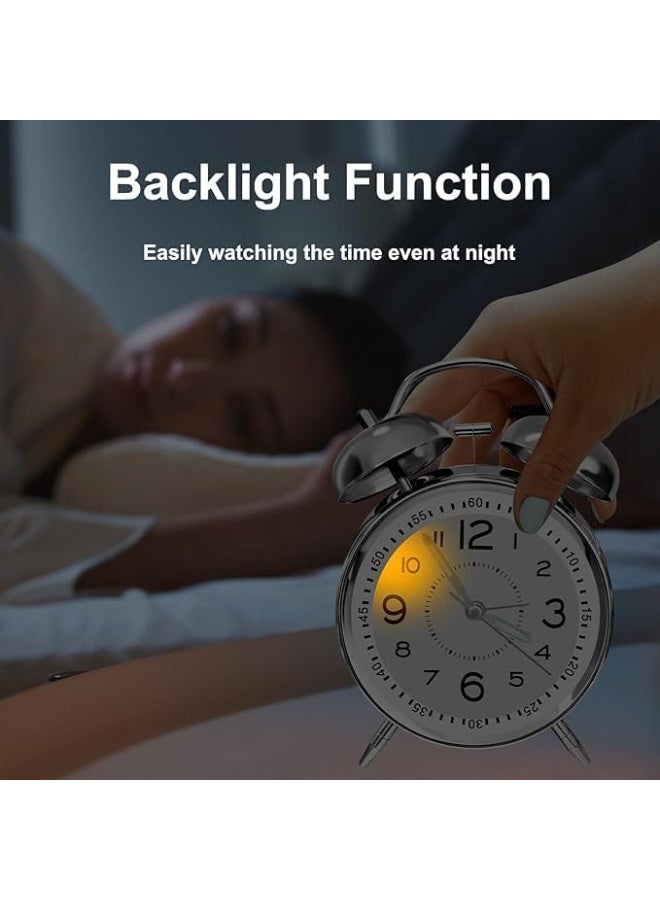 Alarm Clock Battery Operated Loud Twin Bell Analog Silent Non-Ticking with Backlight No Snooze Function for Heavy Sleepers (Silver, 4 inches)  - Image 3