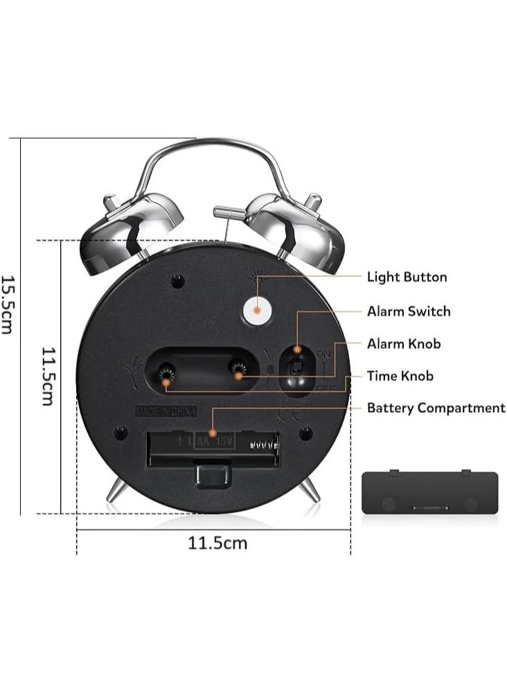 Alarm Clock Battery Operated Loud Twin Bell Analog Silent Non-Ticking with Backlight No Snooze Function for Heavy Sleepers (Silver, 4 inches)  - Image 2