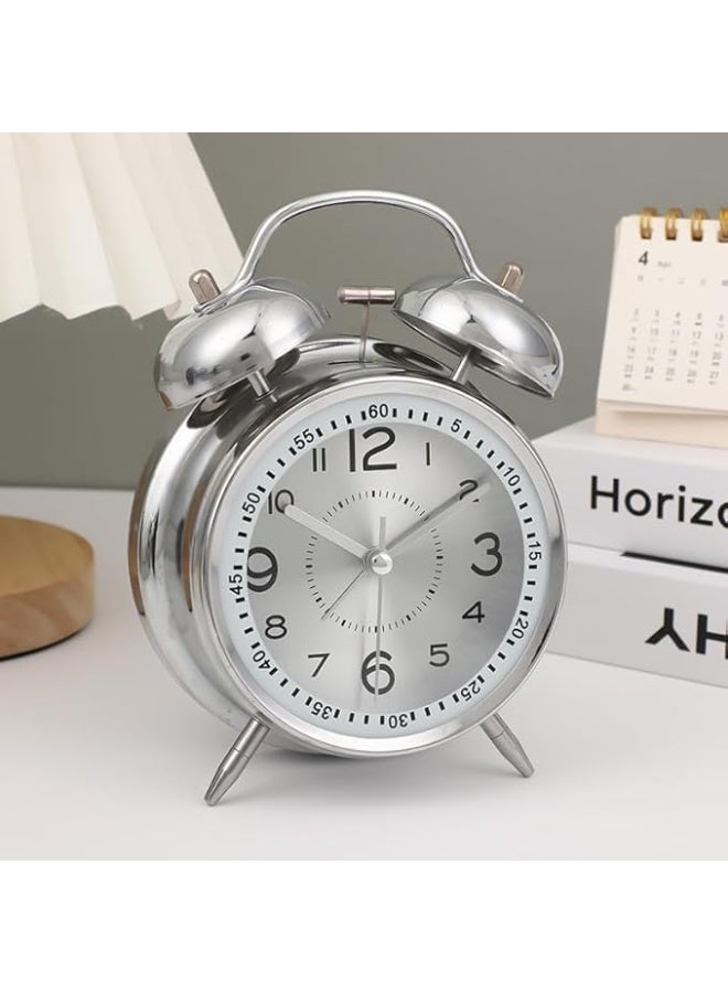 Alarm Clock Battery Operated Loud Twin Bell Analog Silent Non-Ticking with Backlight No Snooze Function for Heavy Sleepers (Silver, 4 inches)  - Image 1